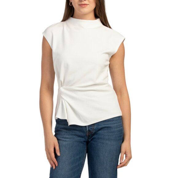 MODERN WORKS Ivory Scuba Ponte Short Sleeve Knot Side Mock Neck Top - Picture 1 of 2